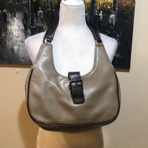 Liz Claiborne Tan and Brown Crescent Shape Double Strap Shoulder Bag w/Buckle